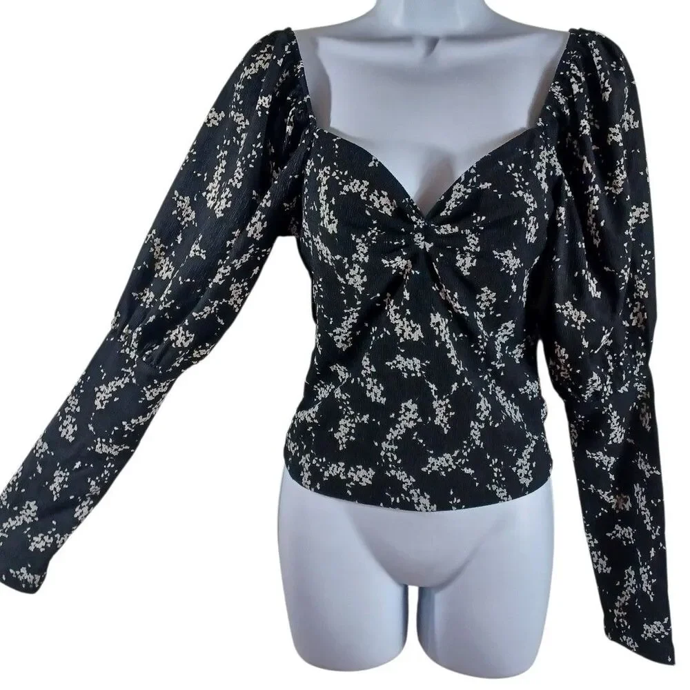 Anthropologie S Black Regencycore Milkmaid Sweetheart Crop Puff Sleeve Top